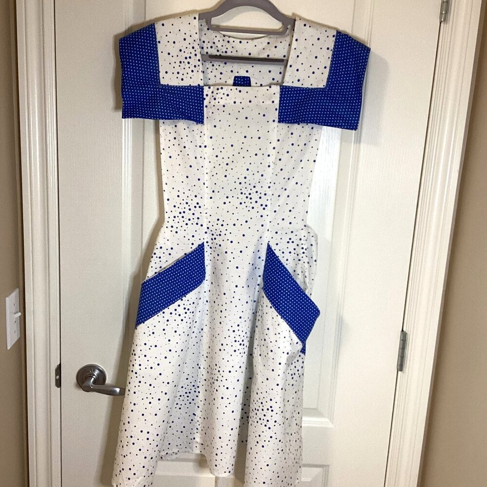 Handmade 1960's Retro Style Apron White Blue Dots Kitchen Linens Cottage Core